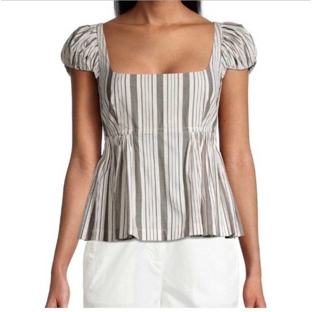 Rebecca Taylor‎ Empire Top Womens 8 Gray White Striped Cotton Puff Sleeve Peplum